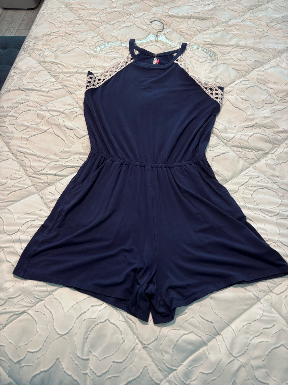 Lilly Pulitzer Navy Romper with Cream Lace Trim